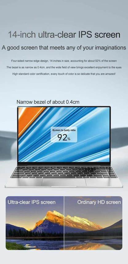 Ultra Slim Laptop 14.1" 16GB RAM 2TB SSD Intel N3700 Notebook Windows 11 Pro 1920*1080 Display Office Study Computer PC