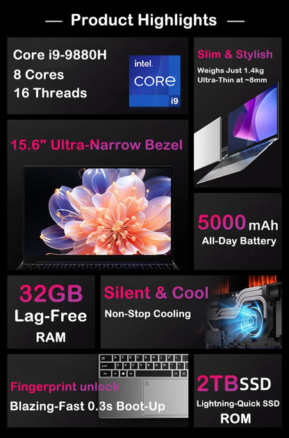 New 15.6 " Laptop Intel Core i9-9880H 32GB RAM 2TB SSD Ultra Slim Gaming Laptop 1920*1080 Windows 11 Office Study Home Use