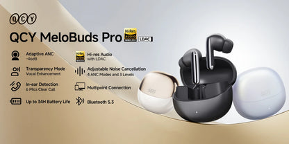 QCY MeloBuds Pro ANC Wireless Earphones 46dB Active Noise Cancellation Earbud Bluetooth 5.3 Hi-Res Audio with LDAC Headphones