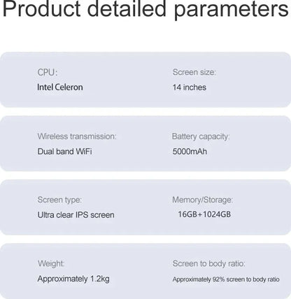 Ultra Slim Laptop 14.1" 16GB RAM 2TB SSD Intel N3700 Notebook Windows 11 Pro 1920*1080 Display Office Study Computer PC