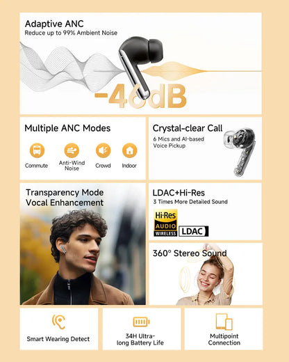 QCY MeloBuds Pro ANC Wireless Earphones 46dB Active Noise Cancellation Earbud Bluetooth 5.3 Hi-Res Audio with LDAC Headphones
