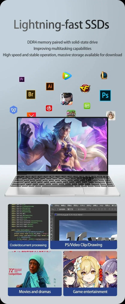 Ultra Slim Laptop 14.1" 16GB RAM 2TB SSD Intel N3700 Notebook Windows 11 Pro 1920*1080 Display Office Study Computer PC